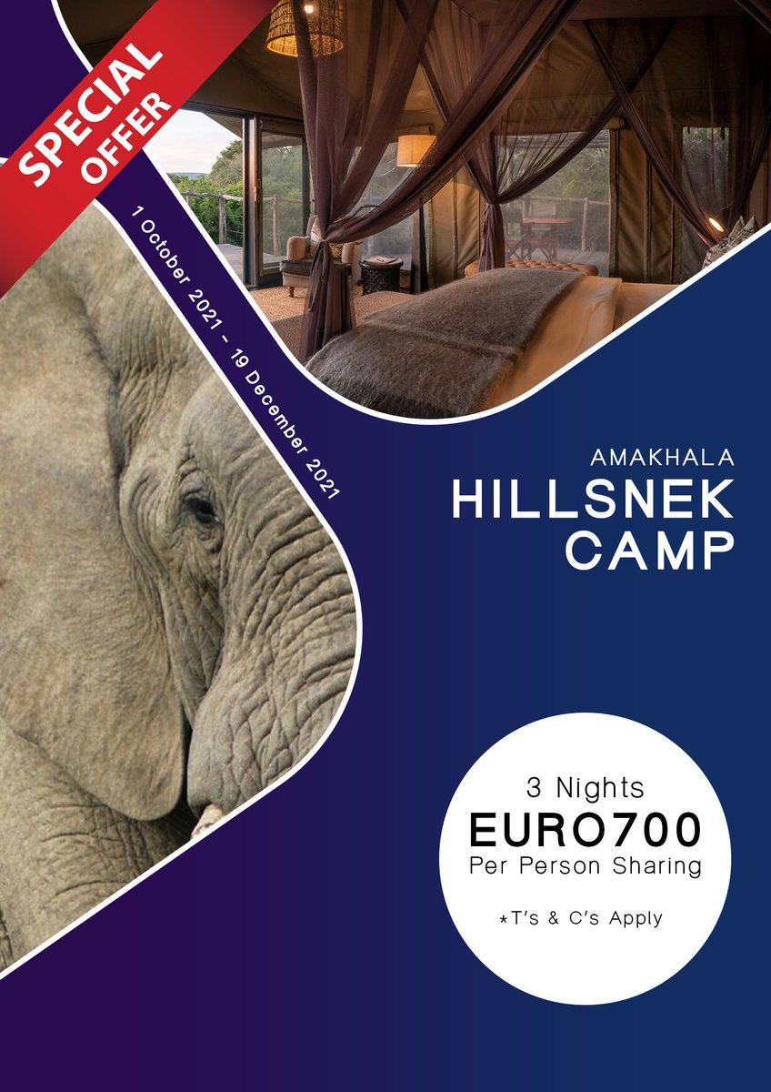 Limited Special offer!!!
Hillsnek is a spectacular, intimate 4 star lodge on Amakhala Game Reserve.
With personal service, delicious meals and romantic luxury safari tents on offer there is not much more one can wish for.
Rates: € 700 per person sharing for a 3 night stay.