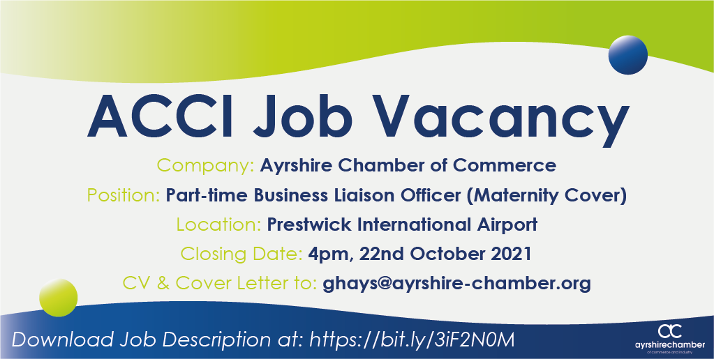 AyrshireChamber's tweet photo. Would you like to work for Ayrshire Chamber?
We are recruiting for a Business Liaison Officer (Maternity Leave, 21 hrs) to join our hardworking team in Prestwick.
Cover Letter & CV to ➡ ghays@ayrshire-chamber.org
📆Closing date: 4pm, 22nd Oct 2021
#WellConnected #Ayrshire https://t.co/hQ8orAGGMT
