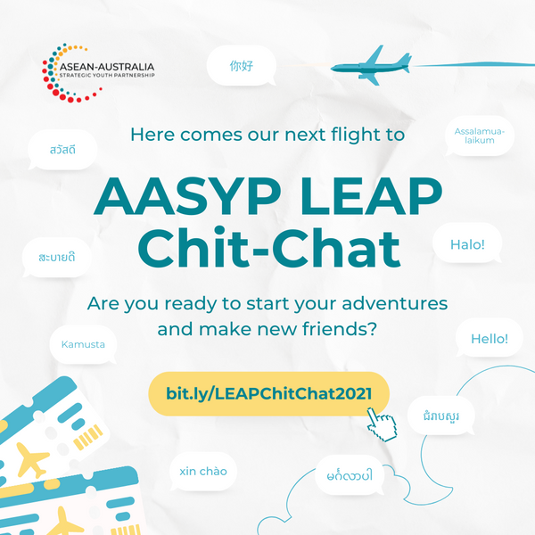 AusASEANyouth's tweet photo. AASYP is so excited to share with you the launch of our next….🥁 LEAP Chit-Chat! 🎊
AASYP LEAP is designed to bring you new experiences with languages and cultures across ASEAN-Australia.
REGISTER HERE https://t.co/LisXaPv8LE
#aasyp #aus_aseanyouth #AASYPLEAP #LEAPChitChat https://t.co/xeGmb78Kcl