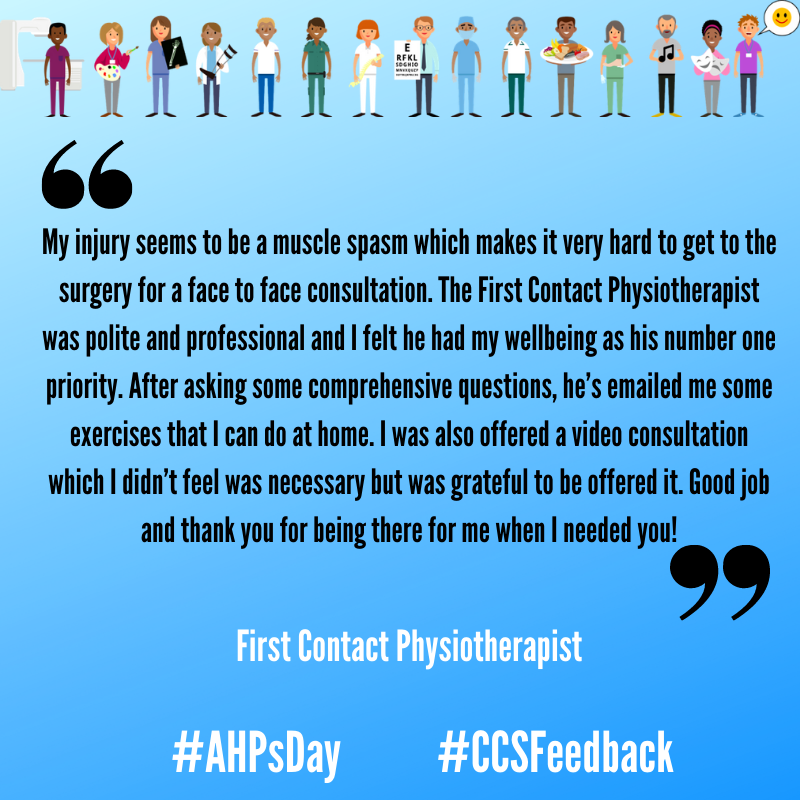 ccs_nhst's tweet photo. We couldn't ask for more from our fabulous @CCSMSK
Physiotherapy Team - well done! 😍💙👏 Adapting services to suit the individual is paramount at CCS! #CCSFeedback #AHPsDay #ThankfulThursday #ThursdayThoughts #ThankYou #NHSHeroes #GoTeamCCS #CCSAHPsDay https://t.co/LlXOwsef58