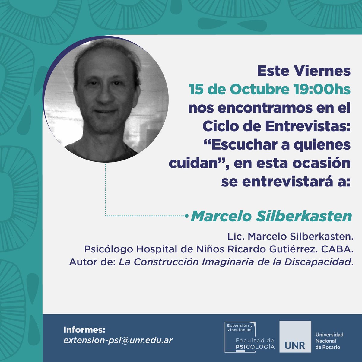 FuSCArgentina's tweet photo. 📅 Este viernes 15 de octubre a las 19 hs  nos encontramos nuevamente en el Ciclo de Entrevistas "Escuchar a lxs que cuidan".

En esta ocasión se entrevistará a Marcelo Silberkasten (Psicólogo Hospital de Niños Ricardo Gutiérrez. CABA)

💻 Link de acceso: https://t.co/HZdwbvbYfp https://t.co/rpz01gouOT