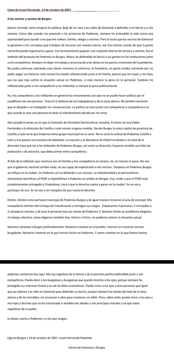 Israel_Hernando's tweet photo. Dimito como Portavoz Municipal y renuncio como concejal.
Bajé a la calle a defender mi barrio y ahora por el abandono y la debilidad de Podemos Castilla y León no es posible seguir haciéndolo. 
Me voy pudiendo mirar a los ojos a los burgaleses, a mis vecinos y a mis hijos. https://t.co/ZSOhtsTvVz