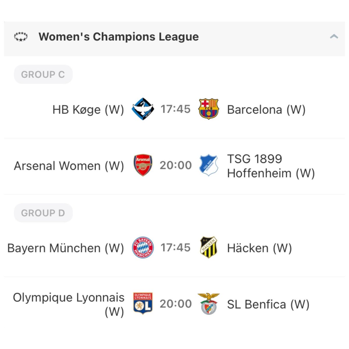 Today's fixtures in the #UWCL. 

Barcelona and Bayern feature in the early games, against Danish and Swedish opposition respectively.

Later, Arsenal look to kick-start their campaign against Hoffenheim and record 7-time winners Lyon face Benfica. 

#QueensOfFootball