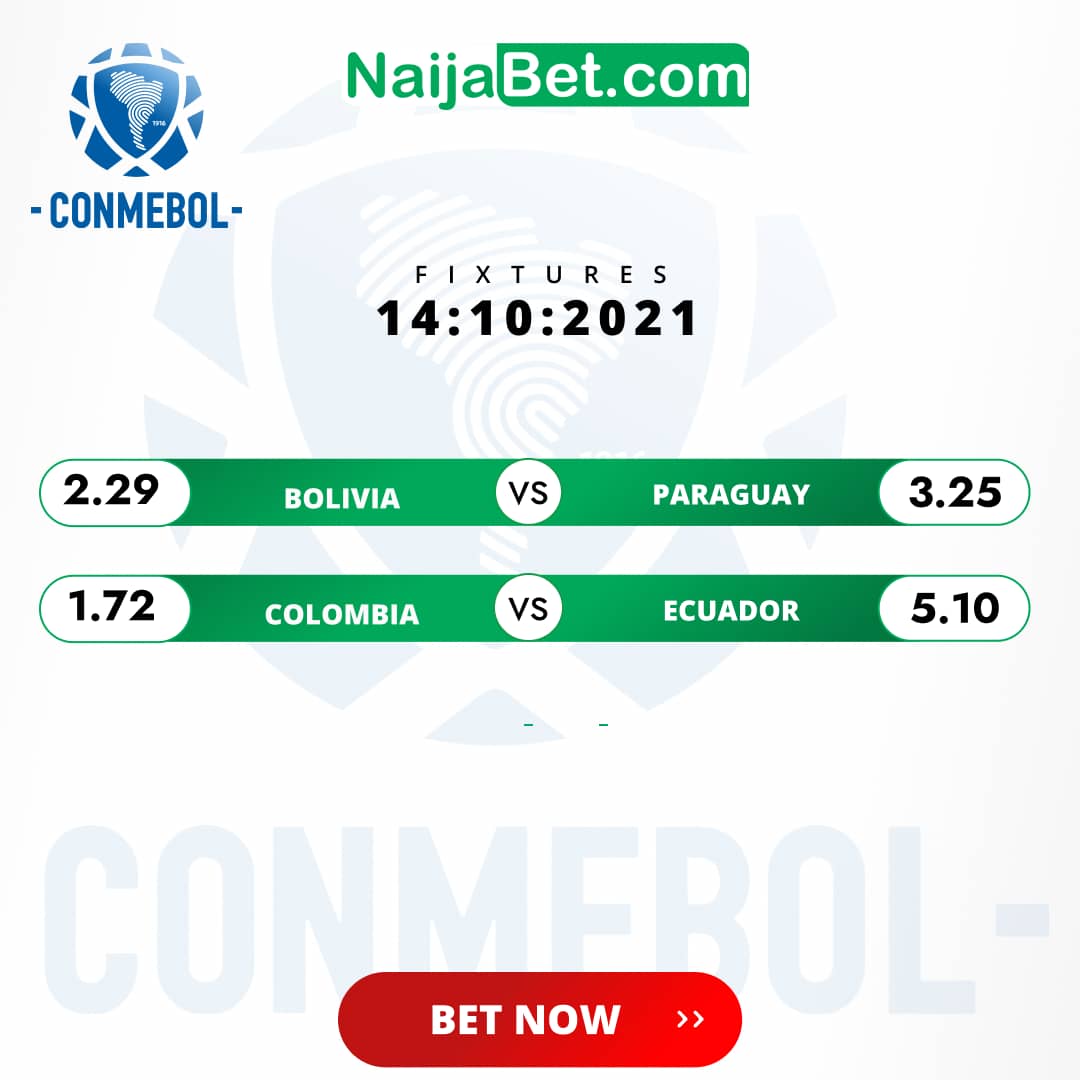 NaijaBet's tweet photo. 🔥 Hot #Conmebol Matches Coming Tonight!

🇧🇴 Bolivia - Paraguay 🇵🇾
🇨🇴 Colombia - Ecuador 🇪🇨

🤔 Which two Teams will win tonight?

#NaijaBet Odds are always in your favour!

#NaijaBet #Boostedodds #1gamecut #Fastestpayout Naira https://t.co/JXzaHlsYhA
