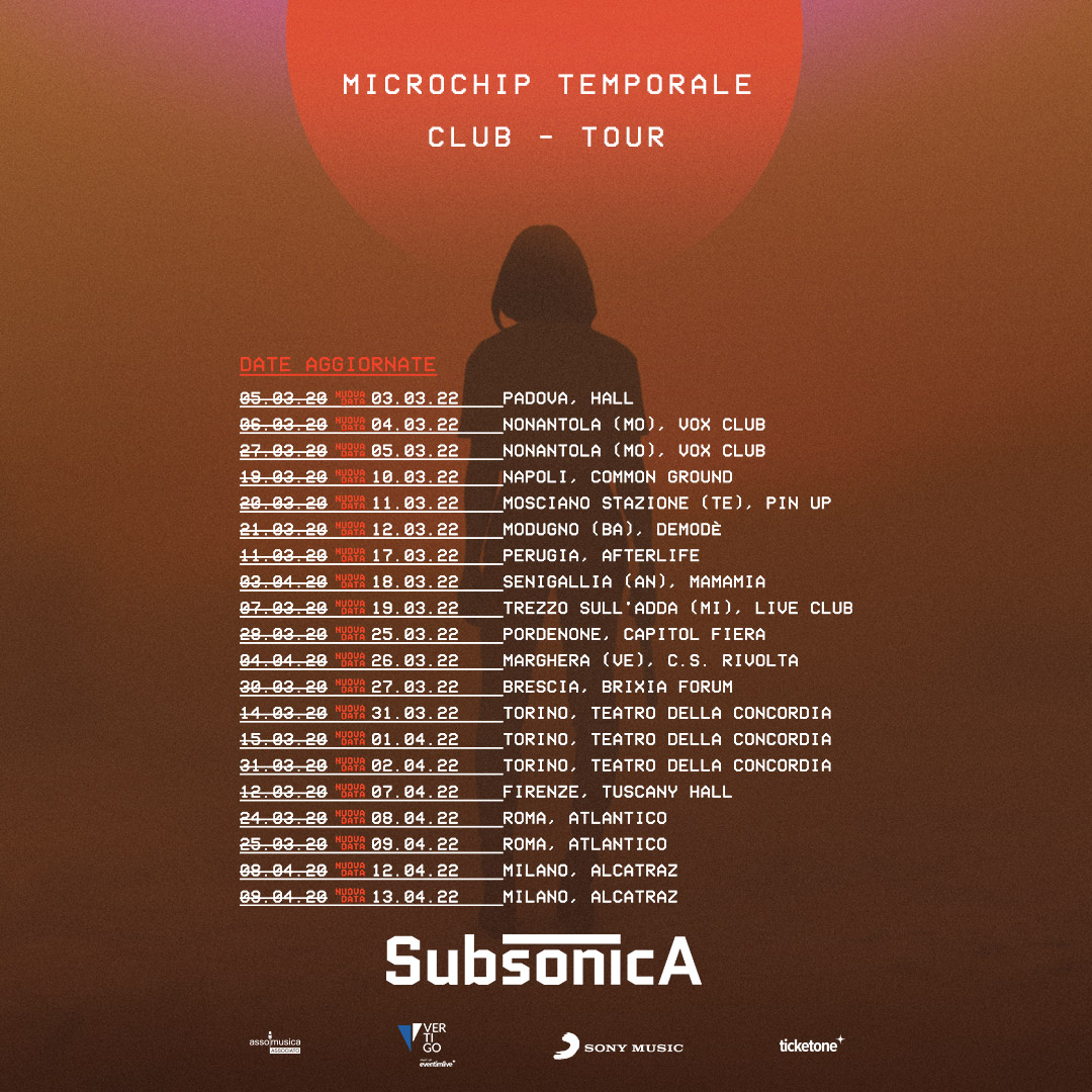 Il “Microchip Temporale Tour Club” dei @subsonica è posticipato al 2022 NUOVE DATE 8.4.2022 | ROMA - ATLANTICO LIVE 9.4.2022 | ROMA - ATLANTICO LIVE I 🎟 già acquistati saranno validi per le nuove date