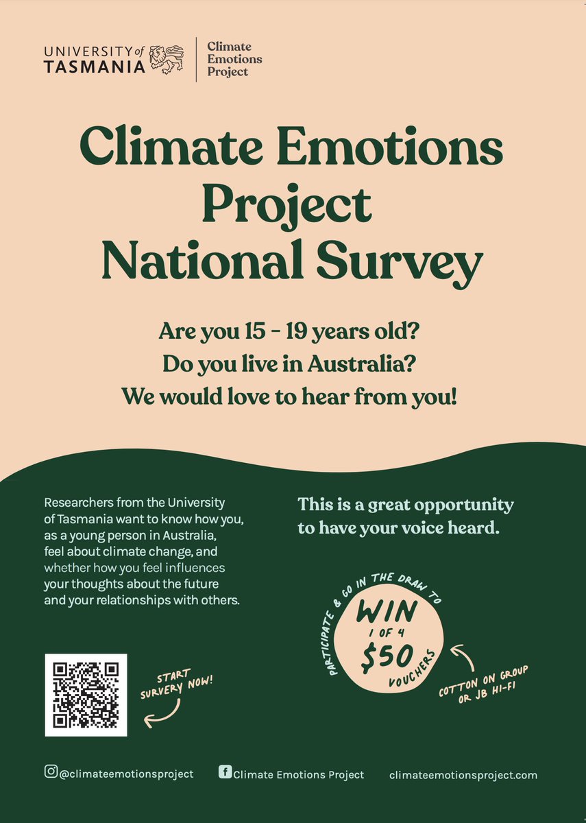 Excited that the first part of my PhD research is underway 🙌Looking for 15-19 year olds in Aus to participate in a 10-15min survey. Spread the word to any young people in your lives 🙋<a href="/UTAS_/">University of Tasmania</a> #climatechangeresearch #climateemotionsproject #socialresearch Climateemotionsproject.com/survey