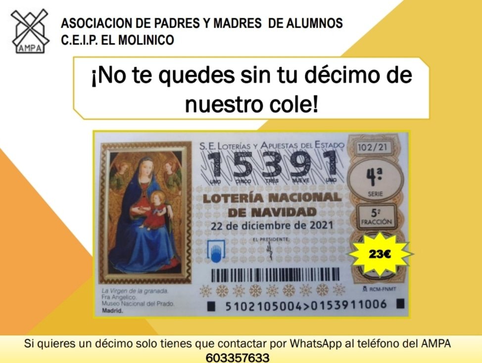 AMPA_Elmolinico's tweet photo. Ya tenemos el décimo de Navidad del AMPA del colegio, ¡No te quedes sin él! ☺️ https://t.co/fUVQQDzeSv