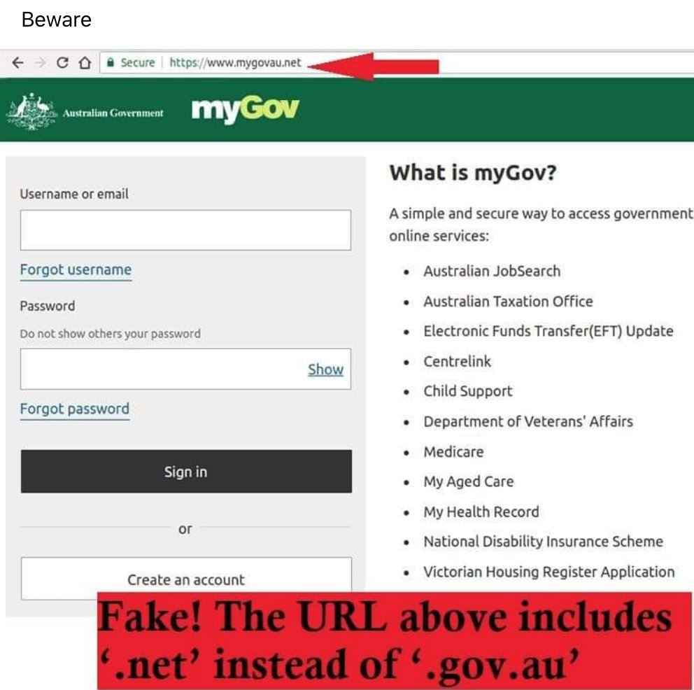 Andrew Catsaras on Twitter: "ALERT!!: Scammers have set up a clone of the myGov website to trick you into sharing your login & account details. You'll note the URL ends