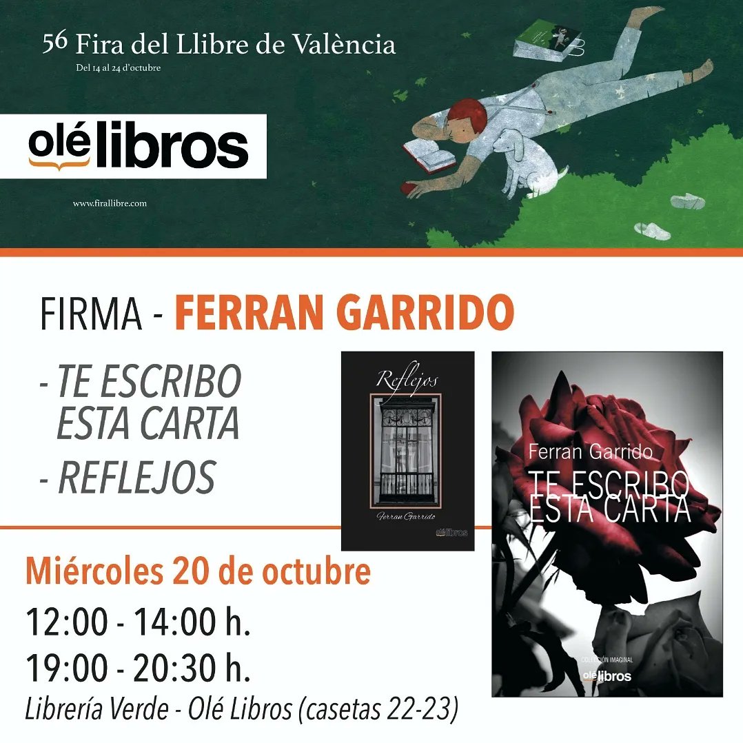 #BuenosDiasATodos 😊Hoy comienza la #56firallibre de #Valencia y yo preparo ya mi viaje🚙de regreso a casa por unos días. El miércoles 20 estaré en la caseta🏚 22-23 para firmar✍ejemplares de #Reflejos 📚 #TeEscriboEstaCarta y #Ñ con ganas de veros😉📖
<a href="/Olelibros/">Olelibros.com</a> <a href="/firallibrevlc/">Fira del Llibre de València</a>