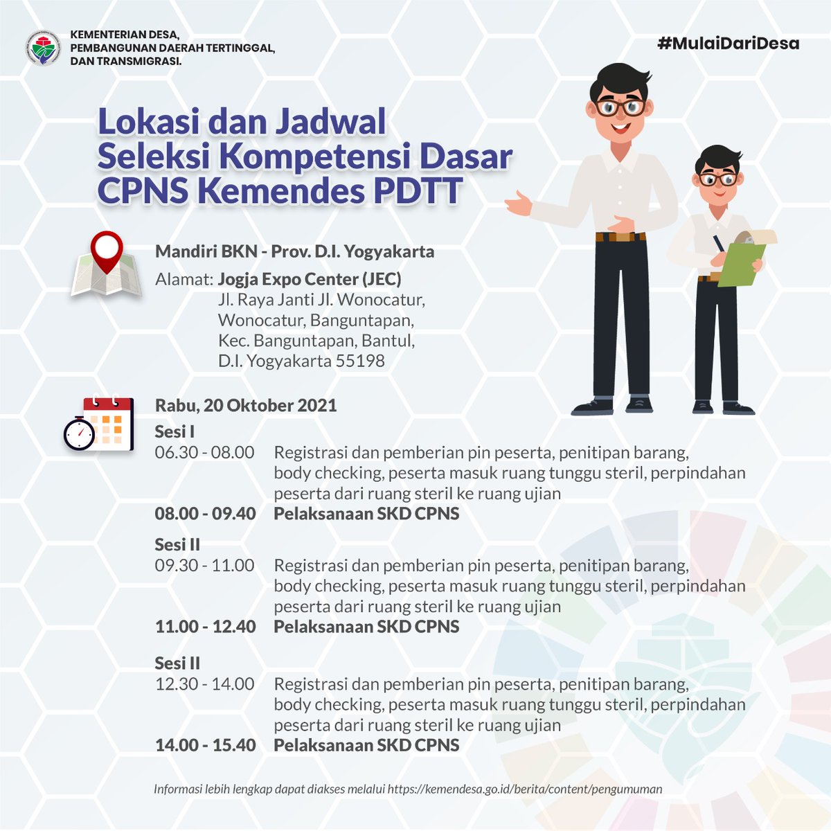 Halo #SobatDesa
info yang ditunggu-tunggu peserta SKD CPNS di lokasi mandiri BKN Provinsi DIY sudah keluar nih!
simak pengumumannya pada link berikut ya sobat kemendesa.go.id/berita/assets/…