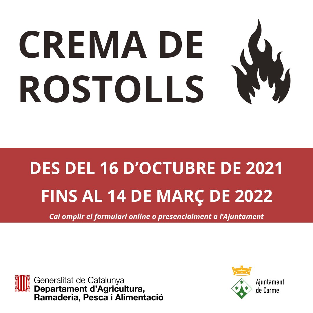 ajcarme's tweet photo. 🔥CREMA DE ROSTOLLS🔥

Ja està obert el termini per realitzar la comunicació de crema de rostolls entre el 16 d'octubre de 2021 i el 14 de març de 2022. La comunicació es pot fer presencialment a l’Ajuntament de Carme o telemàticament a través de https://t.co/mdjqVScIV9. https://t.co/cJXfZ7cTBU