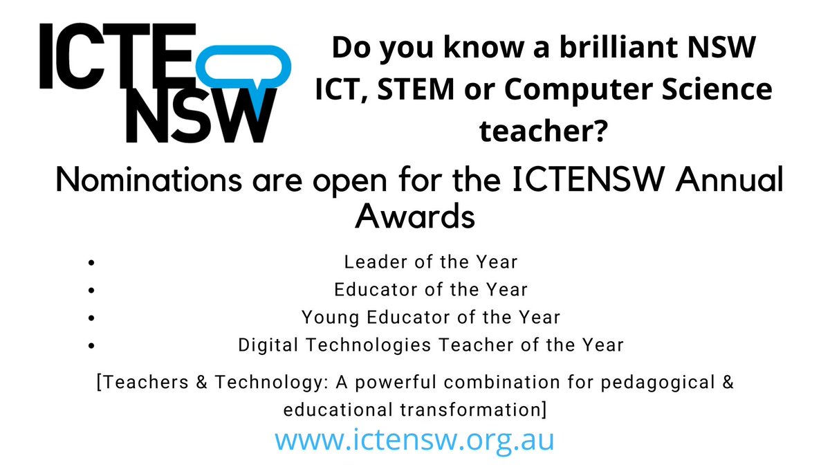 Nominations for the #ICTENSW Annual Awards are open: Leader of the Year Educator of the Year Young Educator of the Year Digital Technologies Teacher of the Year ictensw.org.au/Award-Applicat… For more information ictensw.org.au/page-1708534 #aussieed #primarySTEMchat #edtech #stemeducation