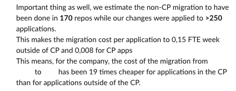 João Alves (@joaoqalves) on Twitter photo Do Platform teams provide value? <a href="/alexbikfalvi/">Alex Bikfalvi</a> and <a href="/tjamet/">Thibault JAMET</a> say it’s beyond any doubt. This reflects one of our principles: "No migrations. Once you're in the Platform, we take care of technical evolutions and migrations". Treat platforms as products. Try, iterate, measure. Do Platform teams provide value? <a href="/alexbikfalvi/">Alex Bikfalvi</a> and <a href="/tjamet/">Thibault JAMET</a> say it’s beyond any doubt. This reflects one of our principles: "No migrations. Once you're in the Platform, we take care of technical evolutions and migrations". Treat platforms as products. Try, iterate, measure.