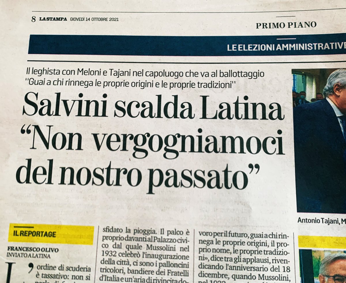 OGiannino's tweet photo. Eccolo, Salvini. Va a Latina per difendere il suo caro Durigon, che ha perso posto al governo perché nostalgico dei Mussolini. E Salvini che fa? Ammicca e dice che mica bisogna vergognarsi, del fascismo. A me fa schifo questo modo ribaldo di giocare sull’equivoco salva-fascisti https://t.co/CPMrQpXr7x