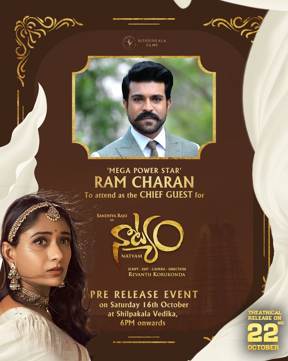 Mega Power Star @AlwaysRamCharan is the Chief Guest for #NATYAM Pre Release Event.! 

#RamCharanForNATYAM 
@RevanthOfficial @srisandhyaraju
@NatyamTheMovie