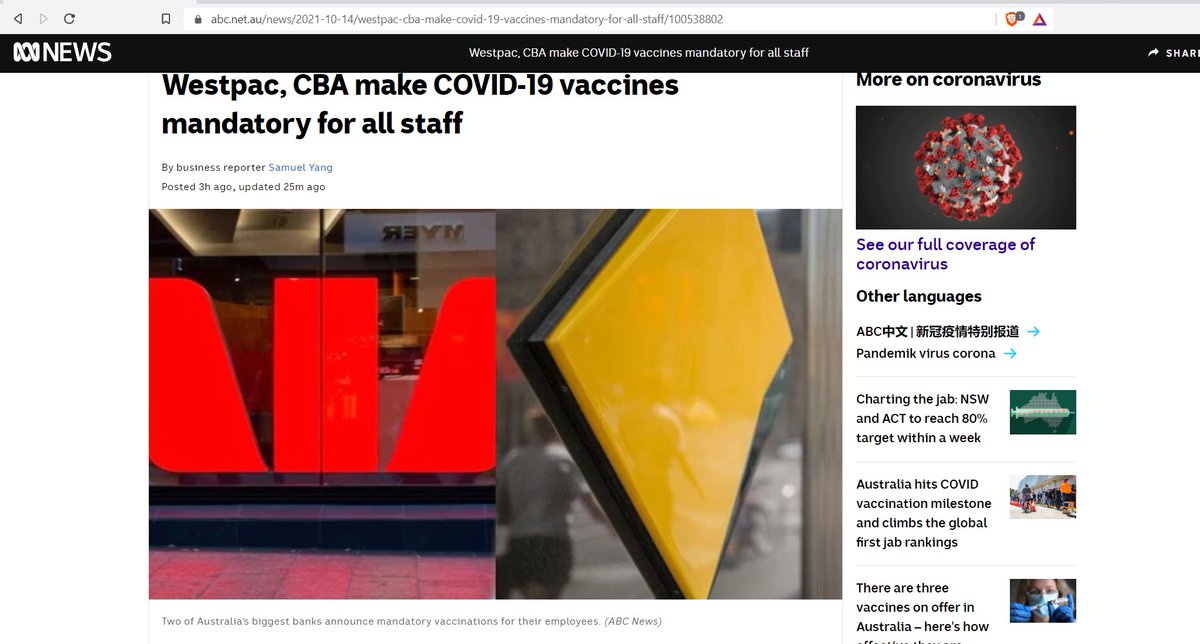 tatianaschild's tweet photo. Two major Australian Banks mandated the vaccines today violating their staff's right to informed consent
Westpac, CBA make COVID-19 vaccines mandatory for all staff
https://t.co/mNkyGfquMm
#BoycottWestpac #BoycottCBA #DefendDemocracy #NoMedicalApartheid
https://t.co/HJZA0OAIsH https://t.co/a9AzGjFAfJ