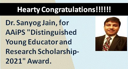 NIPER_SAS_NAGAR's tweet photo. Hearty Congratulations to Dr. Sanyog Jain, for  AAiPS "Distinguished Young Educator and Research Scholarship-2021" Award.

@OfficeOf_MM @bhagwantkhuba @Pharmadept @rajneeshtingal @PibMinistry https://t.co/5qc3jSOu80