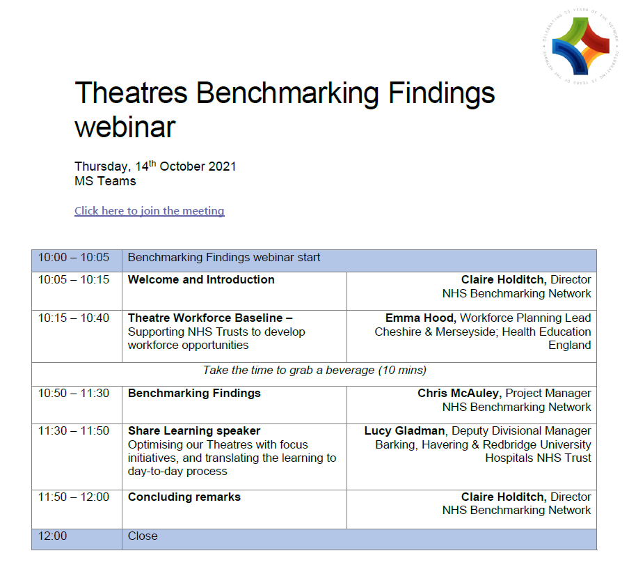 NHSBenchmarking's tweet photo. We're almost ready! Are you? #NHSBNTheatres from 10am.
Join us to hear from @NHS_HealthEdEng and @BHRUT_NHS sharing their knowledge, as well as @Chris_NHSBN who will be delivering the annual #NHSBNTheatres findings.
#benchmarking #event #acute #NHSBNATD https://t.co/BlxLK3Acoh