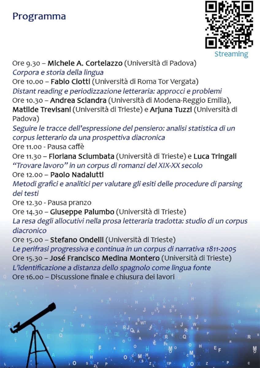 Flometis's tweet image. Venerdì 22 la SSLMIT @UniTrieste propone il workshop "Esperimenti di Distant Reading", in presenza e online. Tra i relatori, @cortmic, @ArjunaTuzzi e @Fabio_Ciotti.  #DistantReading #DigitalHumanities