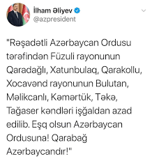 AzEmbGermany's tweet photo. 14.10.20 tarixində #Ermənistan/ın işğalından azad olmuş ərazilərimiz:
✔️#Füzuli rayonunun #Qaradağlı, #Xatunbulaq, #Qarakollu kəndləri
✔️#Xocavənd rayonunun #Bulutan, #Məlikcanlı, #Kəmərtük, #Təkə, #Tağaser kəndləri
Allah şəhidlərimizə rəhmət etsin & qazilərimizə şəfa versin! https://t.co/FSsY3X76Fc