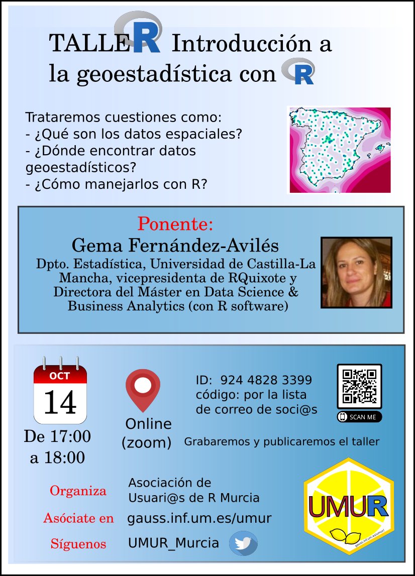 Esta tarde (14 de Octubre), a las 17h ofreceremos el magnífico taller online de "Introducción a la geoestadística con R"! ¿Te lo vas a perder? Para obtener el código de la sesión de zoom, hazte soci@ rellenando una sencilla encuesta: gauss.inf.um.es/umur/#Hazte_so…