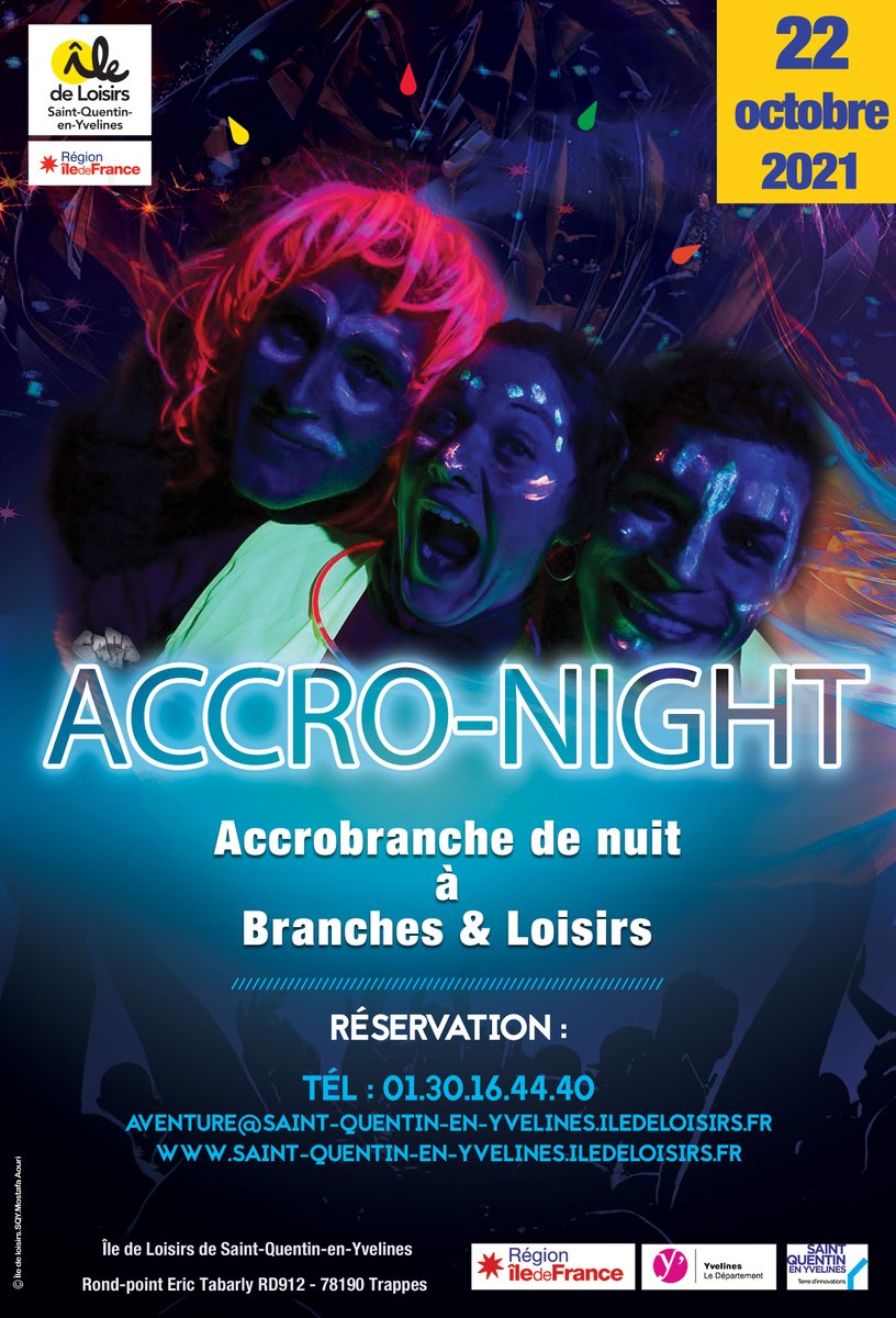 Dernier accronight de l'année !
Venez frissonner en famille ou entre amis le 22 octobre de 19h à 23h pour un parcours d'accrobranche de nuit. 
réservation conseillée par mail à aventure@saint-quentin-en-yvelines.iledeloisirs.fr