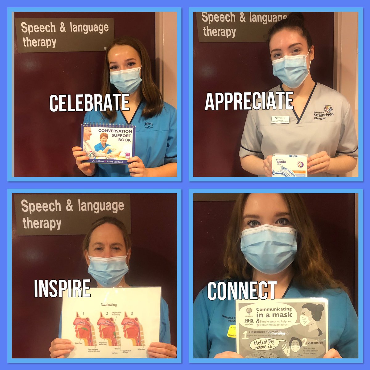 SLTs <a href="/laurenmSLT/">Lauren McGrath</a> , <a href="/kathrynagaffney/">Kathryn Gaffney</a> and <a href="/SLT_EmilyKirk/">Emily Smeaton</a> are keen to #celebrate the work they do at IRH, supporting people with communication and swallowing disorders and striving to #inspire the future workforce like their student Abbie #AHPsDayScot <a href="/nhsggcsaaslt/">NHSGGC - Adult Acute Speech and Language Therapy</a> <a href="/NHSGGCClydeAHP/">NHSGGC Clyde AHP</a>