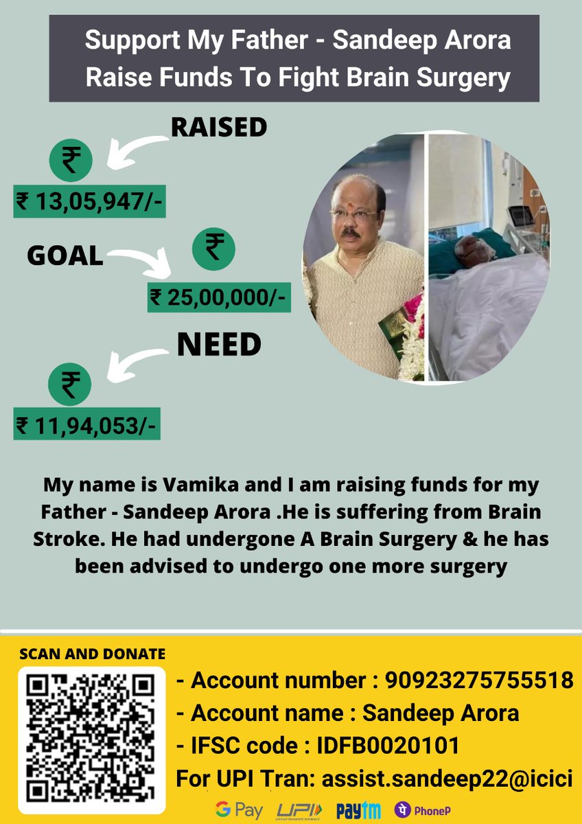 anujshankar95's tweet image. Hi All, my father in-law is admitted for brain haemorrhage. He went through one brain surgery 6 days back. And need to go through another surgery soon. We need your support in raising funds for his treatment. Re-tweet for karma. 🙏
impactguru.com/fundraiser/hel…