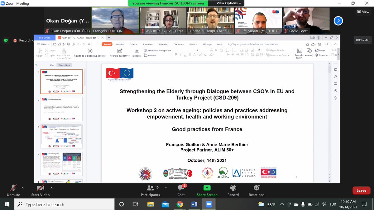 Günün ikinci sunumunda Fransız proje partnerimiz ALIM 50+'ten François Guillion ve Anne-Marie Berthier, aktif yaşlanma konusunda Fransa'da hayata geçirilen iyi uygulama örneklerini sunuyorlar. <a href="/EUDelegationTur/">AB Türkiye Delegasyonu🇪🇺EU Delegation to Türkiye</a> <a href="/DiyalogProjesi/">SivilToplumDiyaloğu</a> #aktifyaşlanma #activeaging