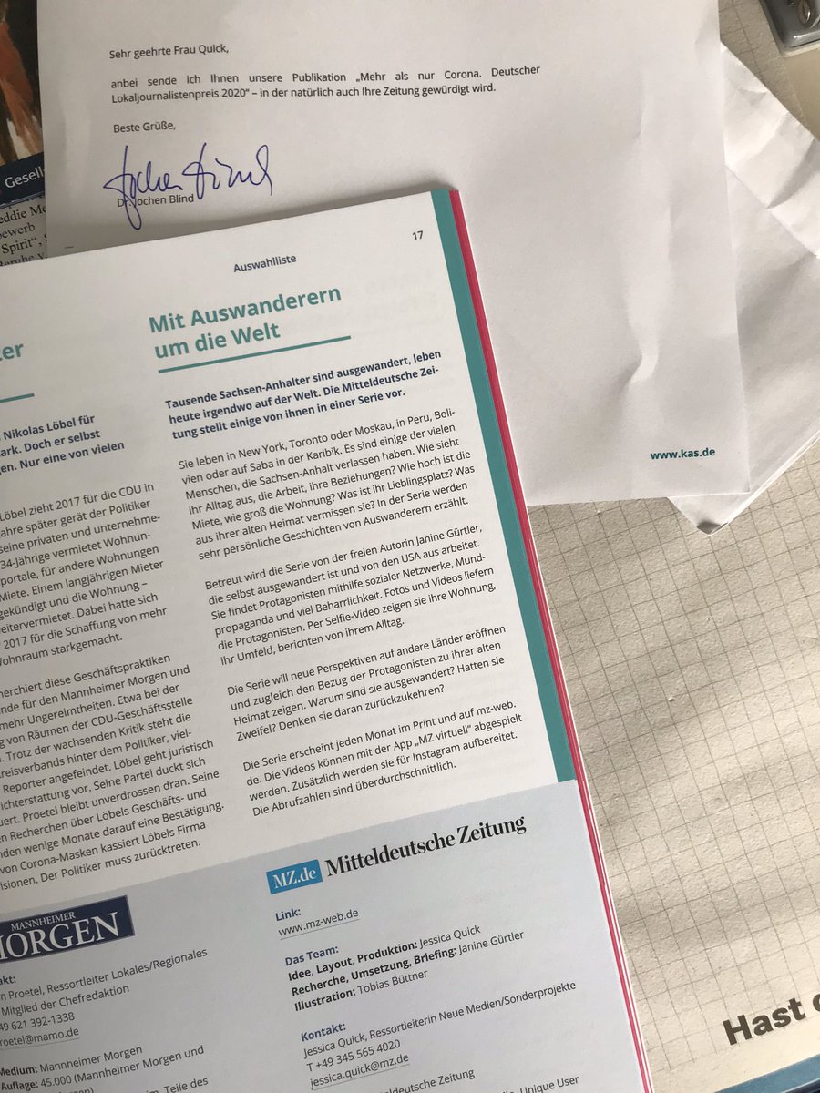 Jessica Quick (@yes4quick) on Twitter photo Von #SachsenAnhalt nach New York, Toronto, Moskau … Unsere Wochenendmagazin-Serie über #Auswanderer wird in der Dokumentation des KAS-Lokaljournalistenpreises gewürdigt 🤗🙏🏻 #Lokaljournalismus <a href="/janineguertler/">Janine Gürtler</a> <a href="/TobiasBeh/">Tobias Büttner</a> <a href="/AStedtler/">Andreas Stedtler</a> Von #SachsenAnhalt nach New York, Toronto, Moskau … Unsere Wochenendmagazin-Serie über #Auswanderer wird in der Dokumentation des KAS-Lokaljournalistenpreises gewürdigt 🤗🙏🏻 #Lokaljournalismus <a href="/janineguertler/">Janine Gürtler</a> <a href="/TobiasBeh/">Tobias Büttner</a> <a href="/AStedtler/">Andreas Stedtler</a>