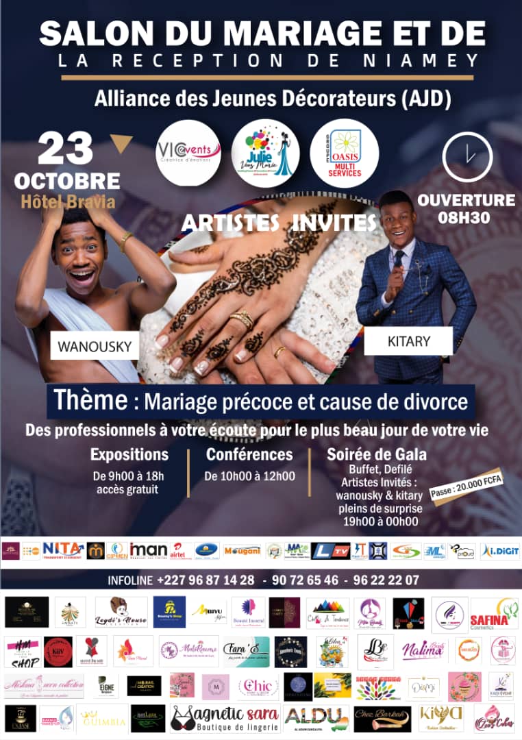 Programme "Salon du Mariage et de la Réception de Niamey"

-Conférence :"Mariage précoce, cause de divorce"
-Exposition avec les professionnels du mariage                                      -Soirée de Gala avec en guests: <a href="/Kitaryofficiel/">Kitary</a> <a href="/wanousky_96/">wanousky</a>
📆23/10/21 📍<a href="/BraviaNiamey/">Bravia Hôtel Niamey</a>