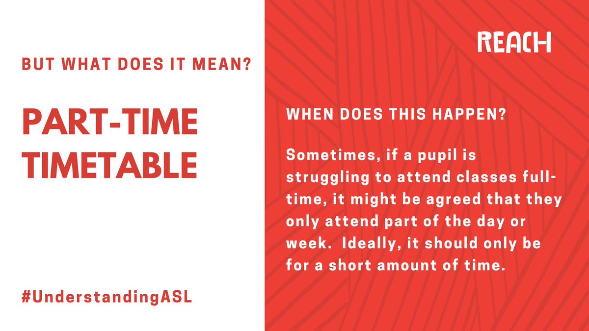 Reach_Scot's tweet photo. Some pupils may have a part-time timetable for a number of different reasons, but what does it actually mean? Find out below π
...and please visit Reach for more info about not being in school full-time, here: https://t.co/pKvlel4QGO
#UnderstandingASL https://t.co/697lmqVSjH