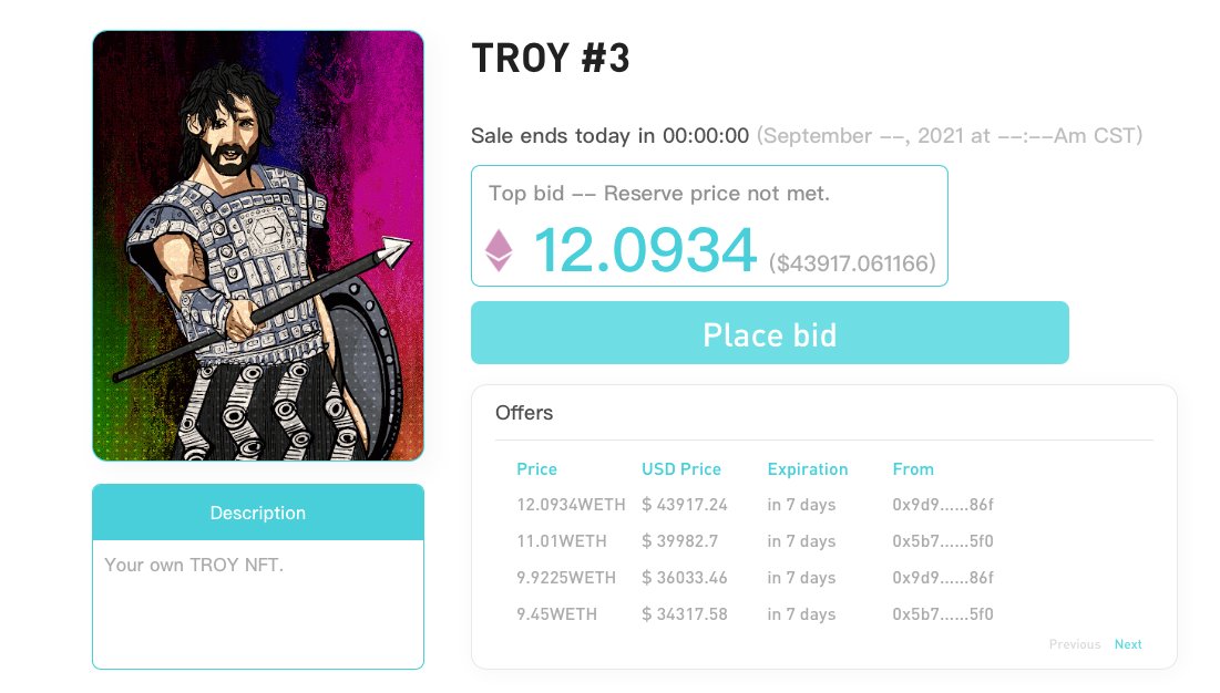 TROY_DAO's tweet photo. 💯The Third Round of NFT auction has ended. 

🌟🌟Congratulations to 0x9d9......86f for acquiring the TROY #003 NFT with 12.0934 ETH. 👏👏👏

❣️Thanks for your attention and participation✅✅ https://t.co/Wm4Xde4t2C