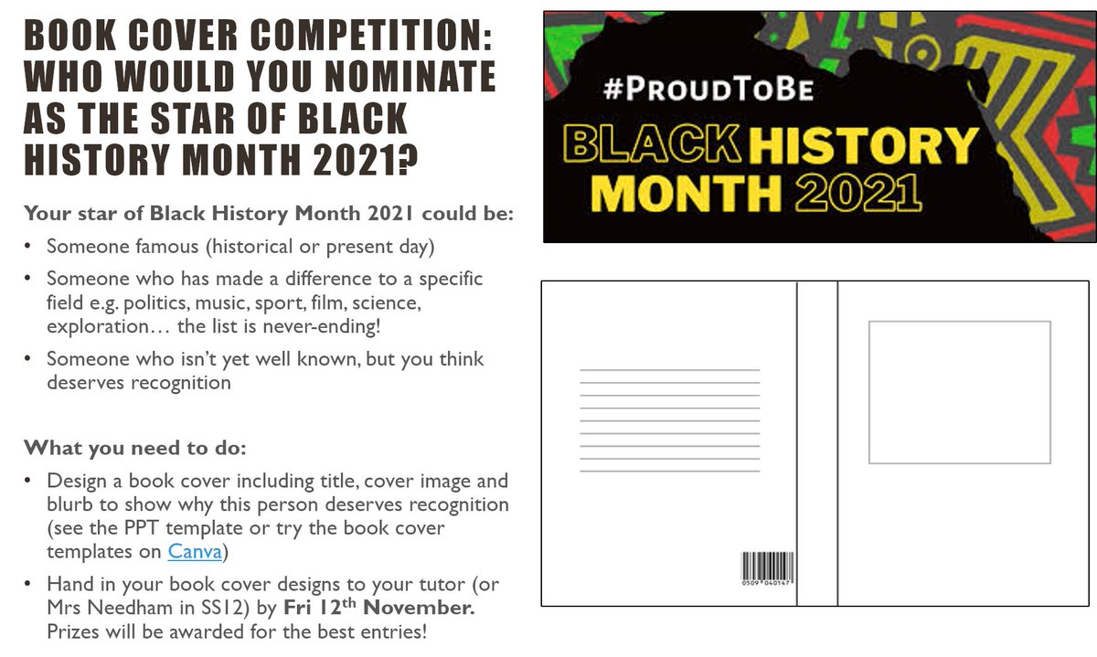 THS_Hist's tweet photo. THS History department are proud to be celebrating Black History Month 2021!  Look out for homework activities, displays and discussions that are taking place. There's also a book cover competition via tutor groups, the closing date for entries is Fri 12th November! #BHM2021 https://t.co/n6Xisnw3Nb