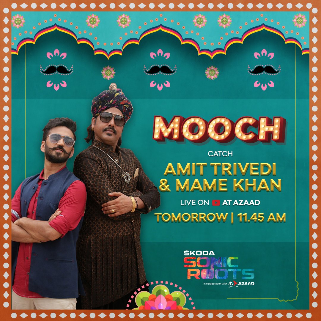 Catch me and <a href="/MameKhanMusic/">Mame Khan</a> at the YT premiere of #Mooch song tomorrow at 11.45 AM only on AT Azaad channel!

#SKODASonicRoots 

#AmitTrivedi #ATAzaad #SKODAXATAzaad #SKODAMusic #SongsOfSoil #IndependentArtist #MameKhan #RuchikaChauhan #Shellee #Jodhpur #Rajasthan #MoochSwag