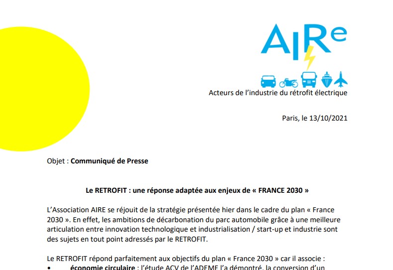 TimeToTest's tweet image. L&apos;association AIRe se réjouit de l&apos;annonce du plan #FRANCE2030. Le #retrofit est aussi une solution pour la #décarbonation du parc électrique
linkedin.com/feed/update/ur… Lire le Communiqué de Presse sur Linkedin
