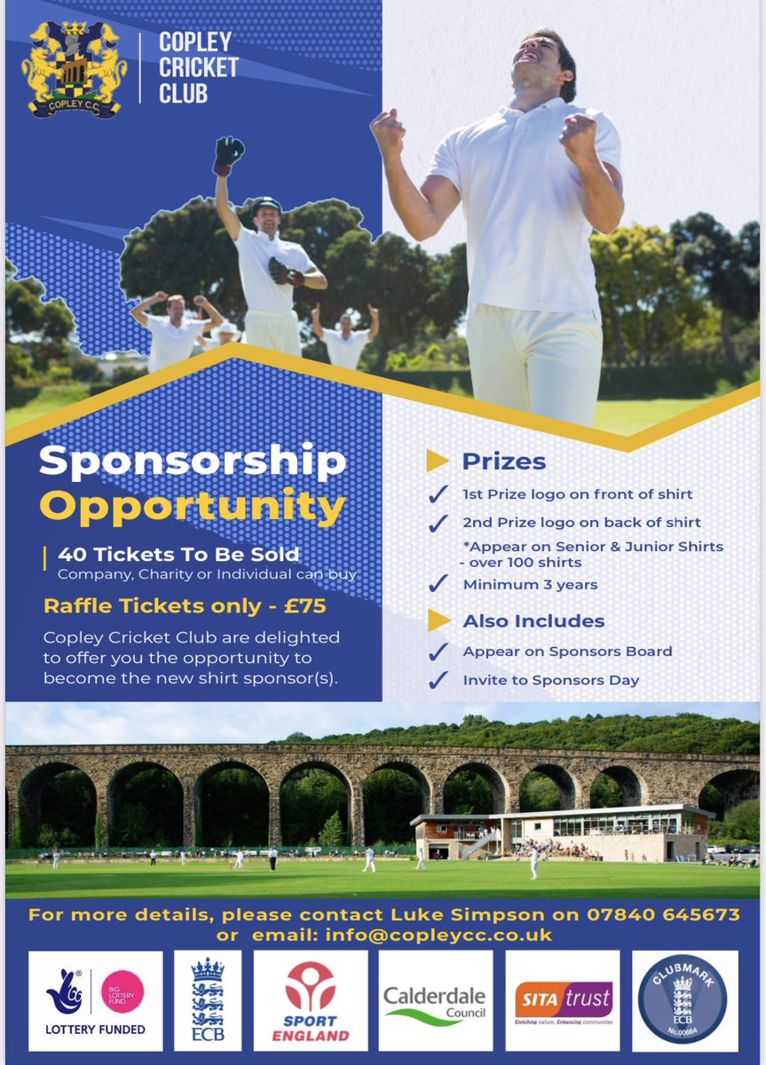 Copley Cricket Club (@copleycc) on Twitter photo Copley CC are looking for a new club shirt sponsor(s). Limited exclusively to 40 tickets with the first prize being on the front of all senior and junior playing shirts for the next 3 seasons. 2nd prize will go on the rear of the shirts……. Copley CC are looking for a new club shirt sponsor(s). Limited exclusively to 40 tickets with the first prize being on the front of all senior and junior playing shirts for the next 3 seasons. 2nd prize will go on the rear of the shirts…….