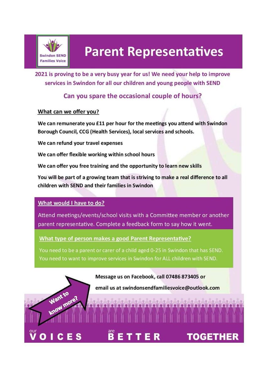 SwindonSEND's tweet photo. We are looking for Parent Representatives to join our busy team!Please see the below advert. Must be a parent or carer of a child with SEND aged 0-25 years and live in Swindon. To request an application form email us at swindonsendfamiliesvoice@outlook.com. Closing date  25th Oct https://t.co/5rJke3B3r5