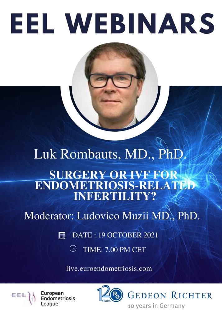 The next EEL Webinar, ‘Surgery of IVF for endometriosis related infertility? ’ by Luk Rombauts, MD, PhD., will be on 🗓19 October 2021 ⏰ 7.00 pm CET. Ludovico Muzii MD, PhD will moderate the webinar. You can register via the link below👇🏻 live.euroendometriosis.com