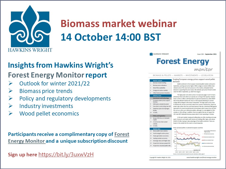 A final reminder that we invite you to join us this afternoon for a free webinar discussing recent trends in the global #biomass and #woodpellet markets. Sign up here bit.ly/3uxwVzH