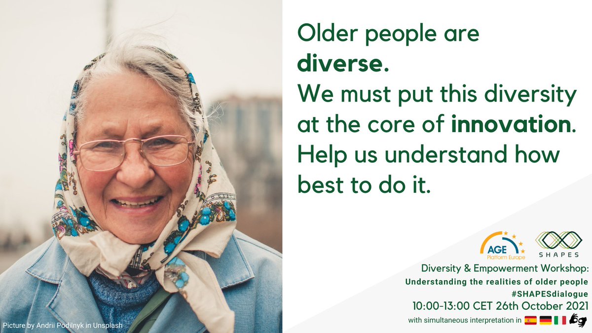 👵🏾👴🏻🧔 Integrating the lived realities of older people in innovation projects is a must. That involves addressing a great diversity of backgrounds and preferences.

⏰ Join our workshop next 26 October and have your say!

✏️ Agenda and registration 👉 shapes2020.eu/workshops/work…