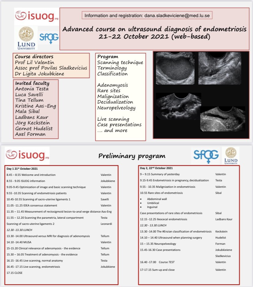 'Advance course on ultrasound diagnosis of endometriosis’ will be on 21-22 Oct 2021. This 2 day web based advanced course will provide you detailed ultrasound knowledge and skills you need to succeed in endometriosis sonography. Info and registration: dana.sladkeviciene@med.lu.se