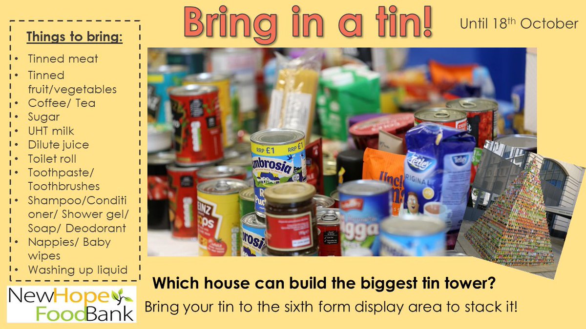 MissEngland14's tweet photo. Busli’s tin tower is in the lead so far - fantastic effort from everyone! 🙌🏻 #giving #foodbank

@WalesHigh https://t.co/3E5aPgZHHD