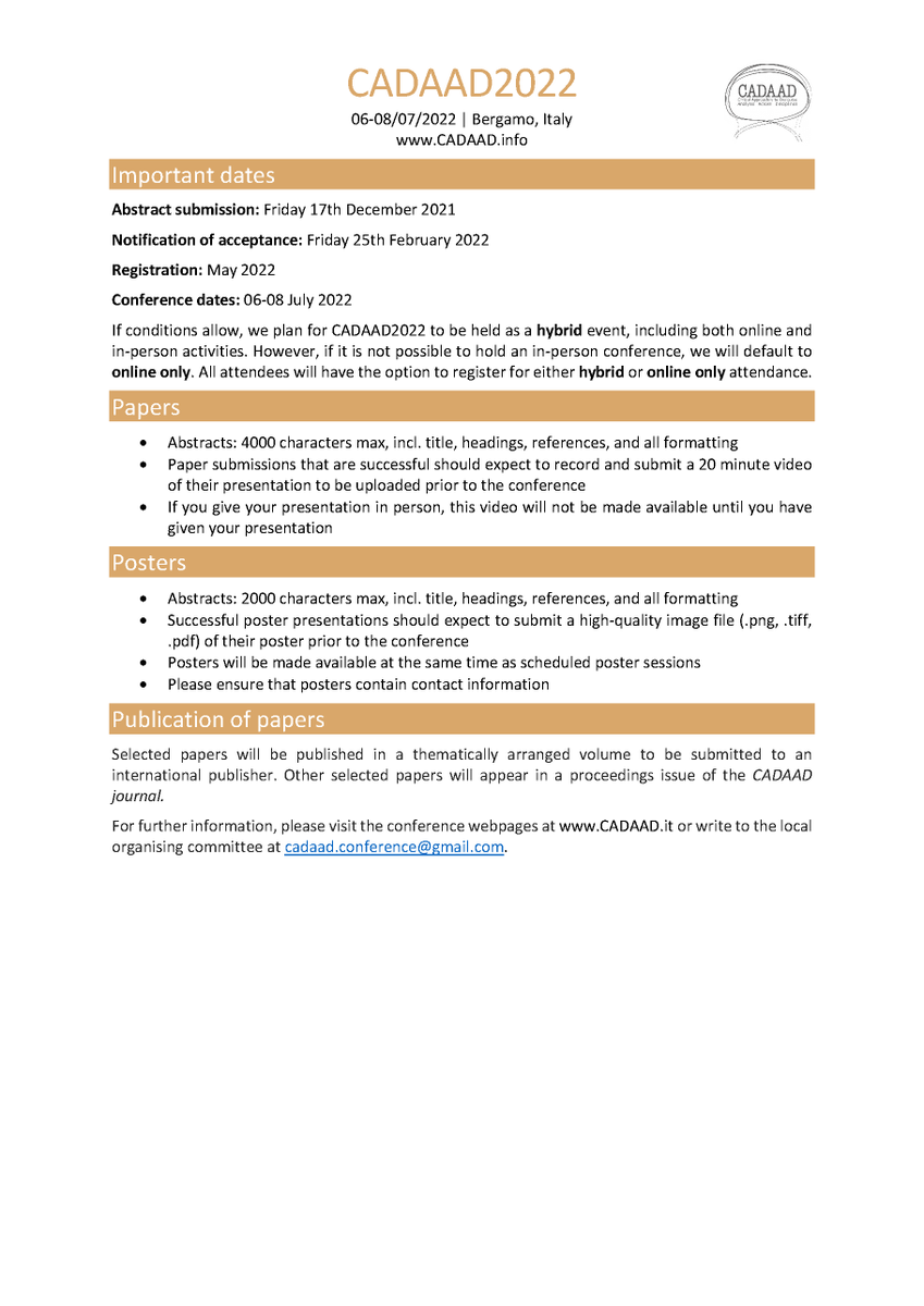 #CADAAD2024 (@cadaad_conf) on Twitter photo The <a href="/CADAAD_conf/">#CADAAD2024</a> call for papers is now live at CADAAD.info!
Dates: 06-08 July 2022
Venue: Bergamo, Italy
Abstract Deadline: 17-Dec-2021
#CADAAD_conf The <a href="/CADAAD_conf/">#CADAAD2024</a> call for papers is now live at CADAAD.info!
Dates: 06-08 July 2022
Venue: Bergamo, Italy
Abstract Deadline: 17-Dec-2021
#CADAAD_conf