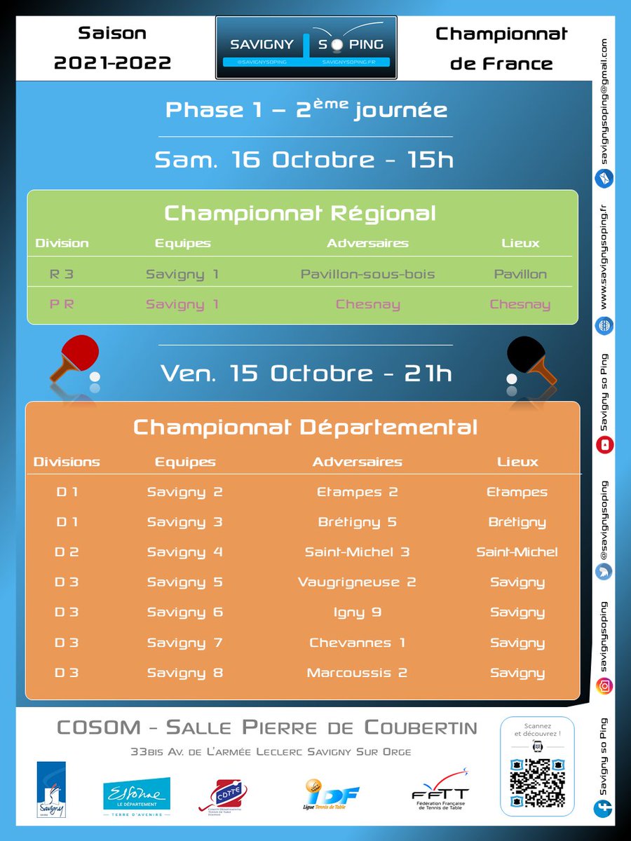 savignysoping's tweet photo. Place à la 2ème journée du championnat de France par équipes.
Les équipes 5 à 8 évolueront à domicile.
Voici le programme :
#championnat #programme #club #tennisdetable #ping #sport #SavignySoPing https://t.co/TPYXJ3nnmC