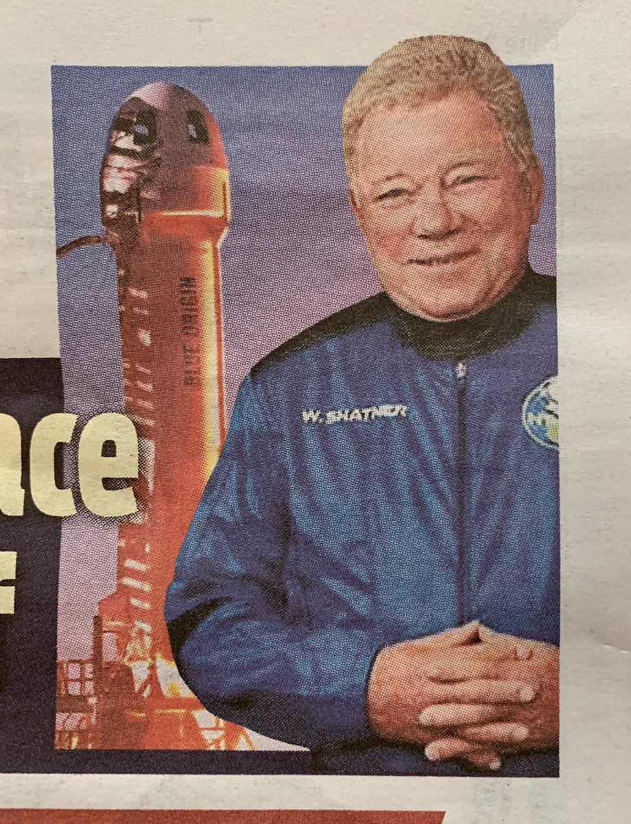 SUSIE1932's tweet photo. William Shatner on front page and pages 2 and 3 of paper today! And rightly so! 🌎🚀🌎#WilliamShatner #CaptainKirk #space #BlueOrigin #toboldlygo #recordbreaker #AllStarTrek #At90 #awesome https://t.co/XzIBIPQ3YF