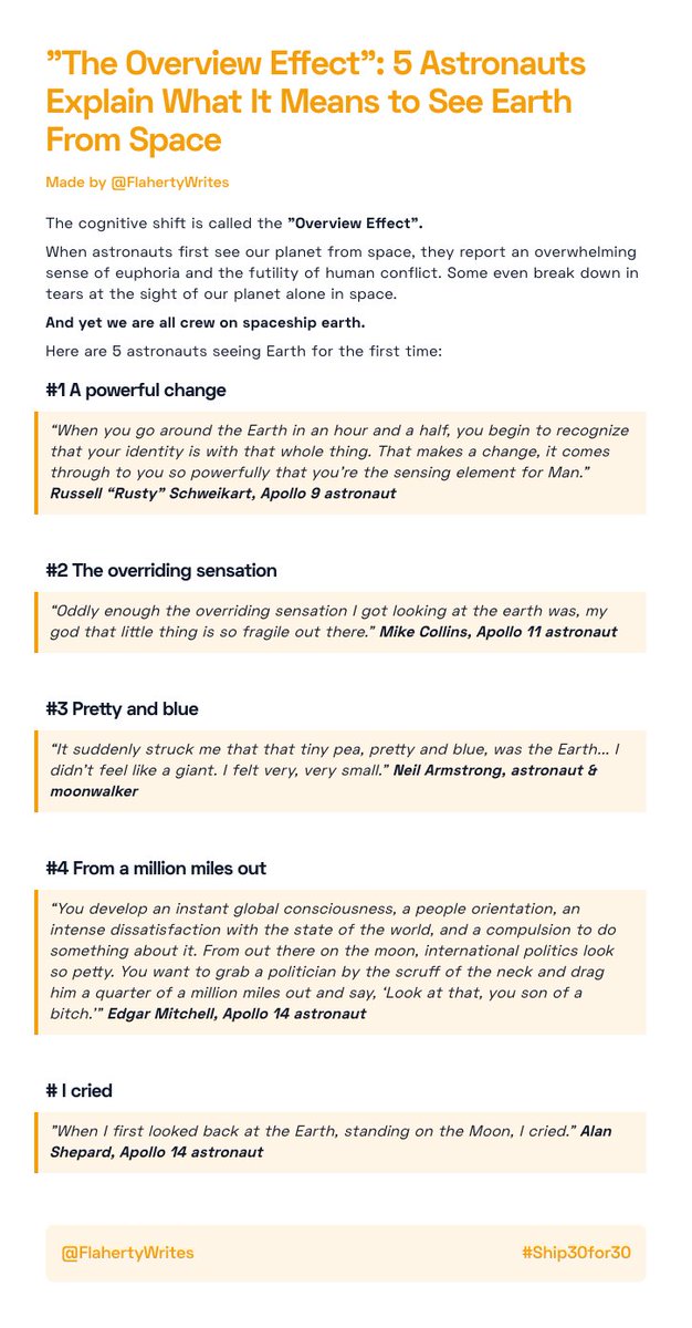 "The Overview Effect": 5 quotes from astronauts explaining what it means to see our lonely planet from space...

#Ship30for30 #environment #space