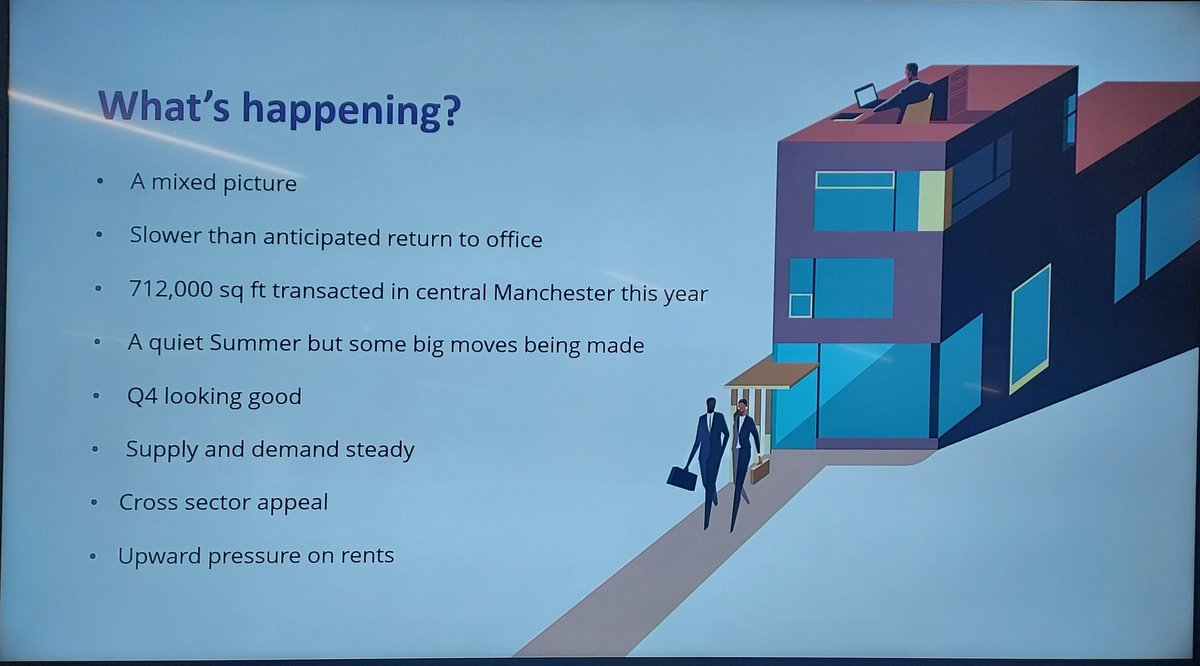 #Office #Market presentation @PlaceNorthWest's conference by @AYNorthViews 'there is no one size fits all' when it comes to how businesses & people work. Companies are looking for less space but demand better. This is where #design can help👉 @Chapman_Taylor #Workplace #Designers