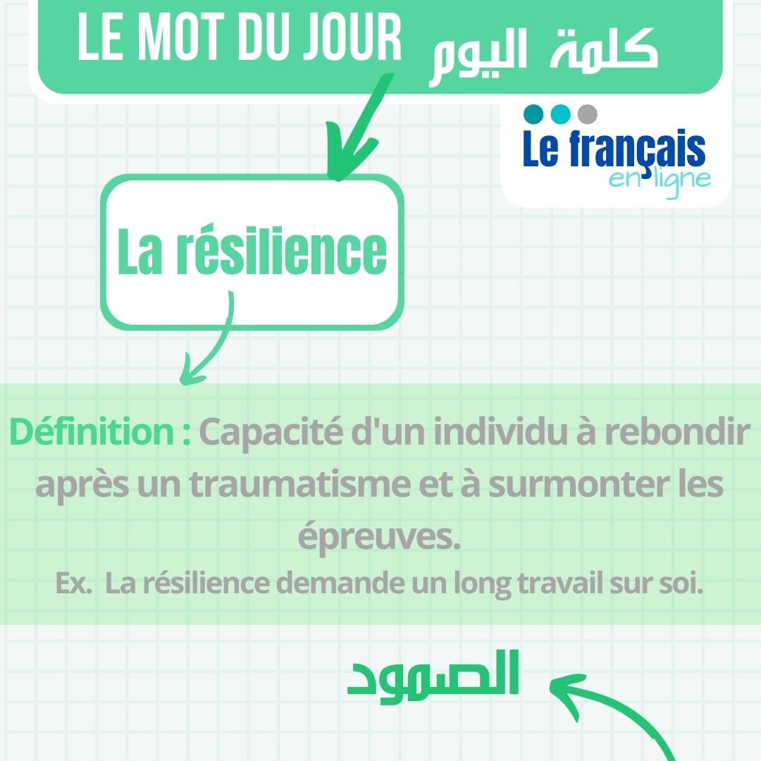 frENligne's tweet photo. 🇨🇵كلمة اليوم🇨🇵

➡️ Mot du jour ✅

💡في ظل الأزمات الاقتصادية والبيئية والصحية وغيرها التي يعيشها العالم اليوم، كثر استعمال كلمة résilience. https://t.co/MtcXTKGlsr