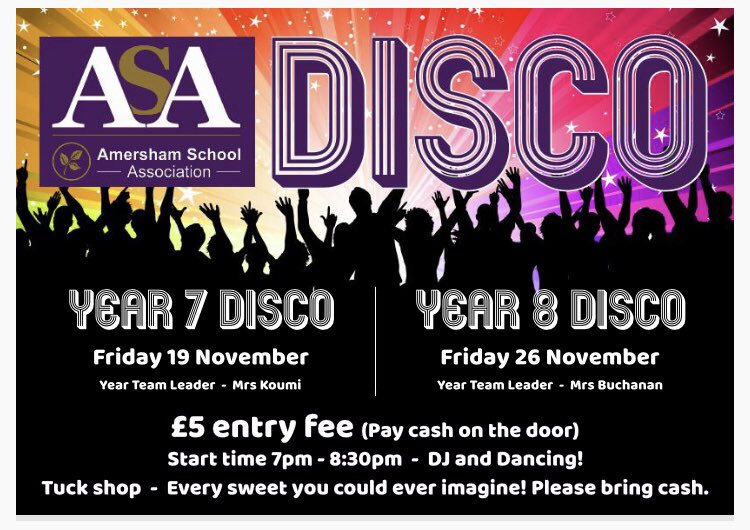 It’s disco time!!! Year 7, get ready to dance on Friday, Nov 19 and Year 8 can boogie a week later on Nov 26. It’s £5 on the door. See flyer for full details… 💃 🕺 🍭 🎶